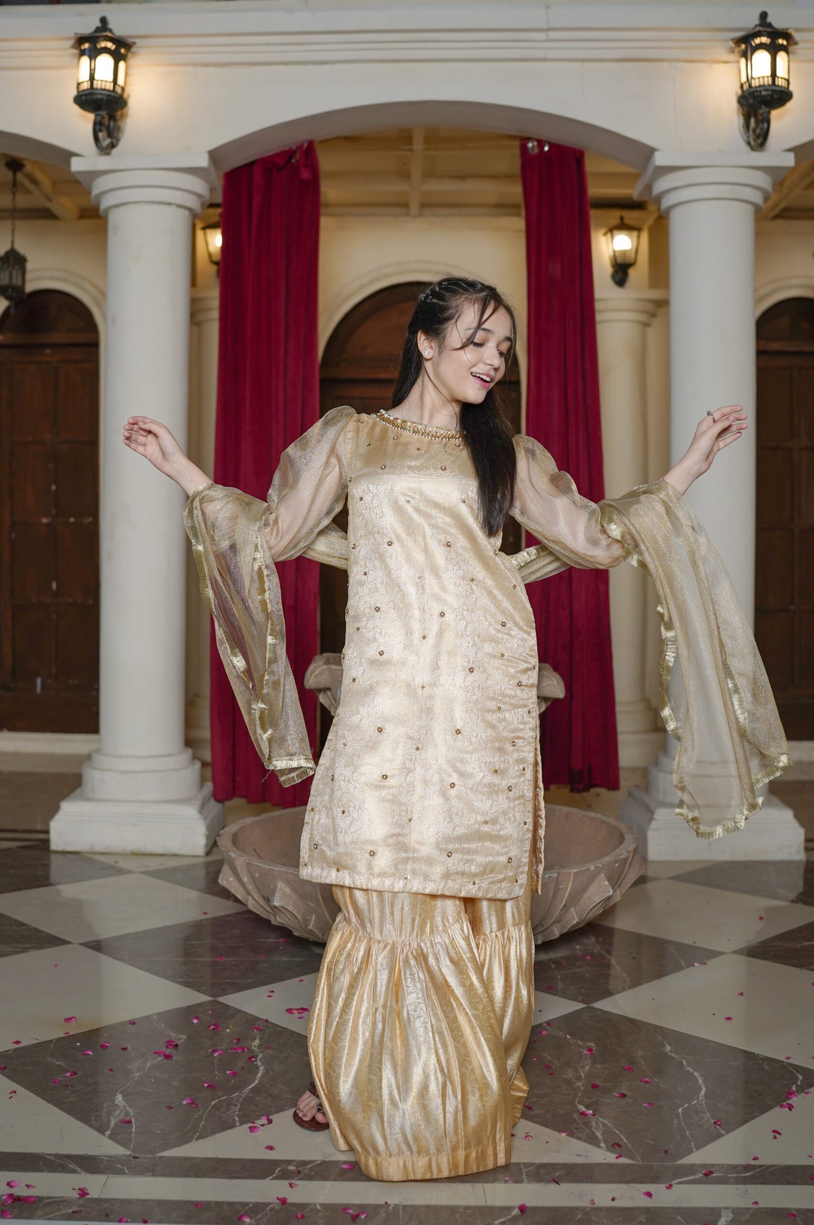 Golden Adda Work Net Shirt with Gharara