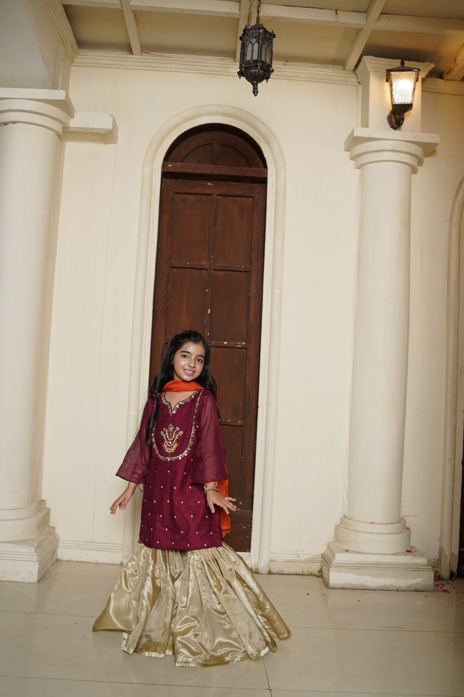 Deep Maroon Cotton Net Shirt with Shiny Golden Gharara